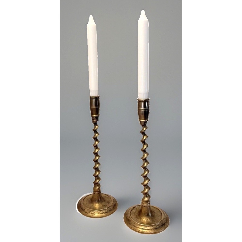 Hollywood Regency Brass Candlestick Tall Scroll Gold 12" Pair Rococo VTG Retro
